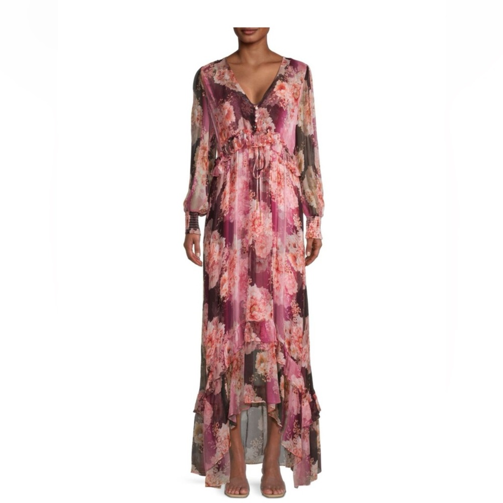 Johnny Was Silk Pink and Burgundy Floral Long Sleeve Dress